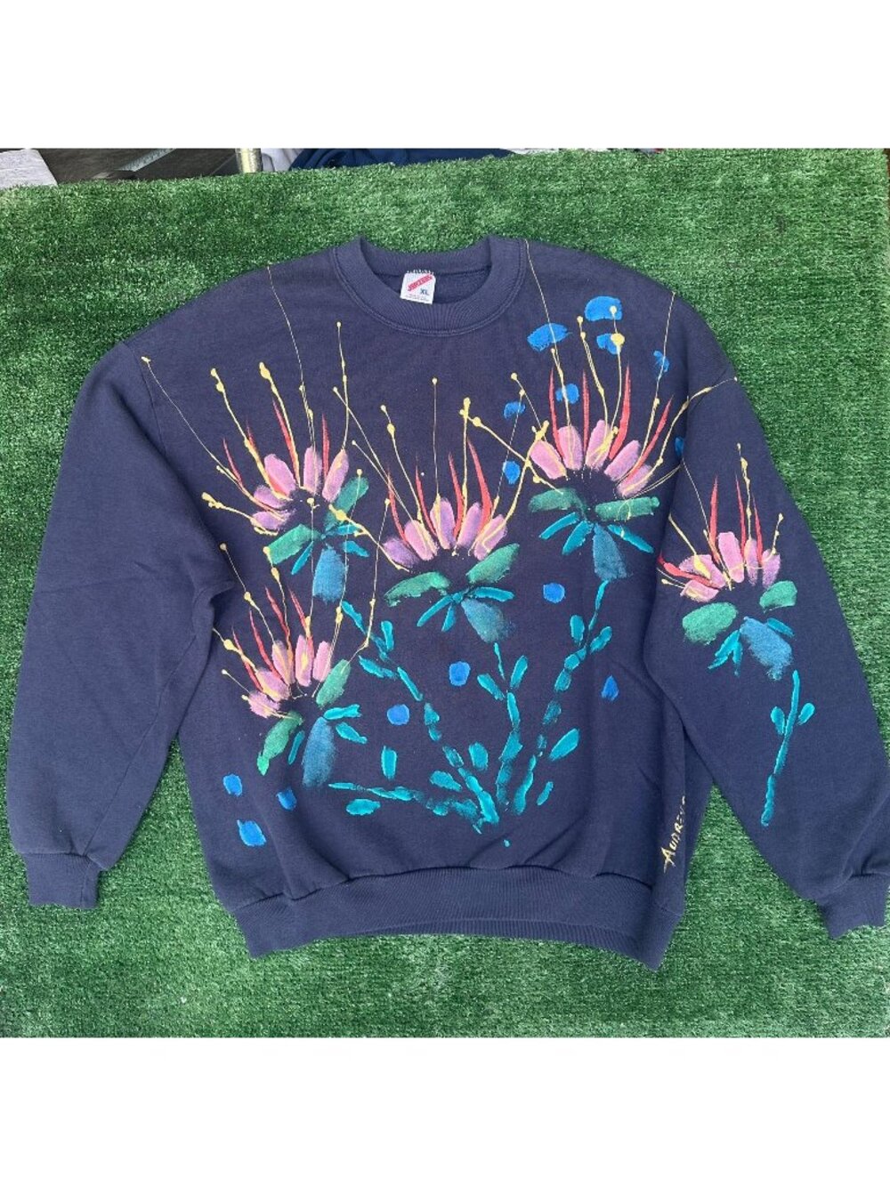 Vintage 90s Painted Wildflowers Floral Sweatshirt Navy XL Cottage Garden Grandma
